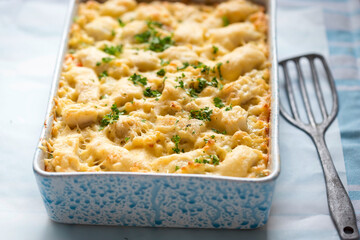 Fish pie mac ’n’ cheese with cod, carrot & peas