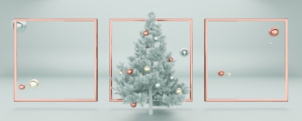 minimalistic blue silver red yellow golden colors background panoramic view with Christmas tree and frames, floating in the air balls, copy space,banner, christmas gift card