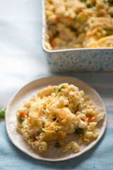 Fish pie mac ’n’ cheese with cod, carrot & peas