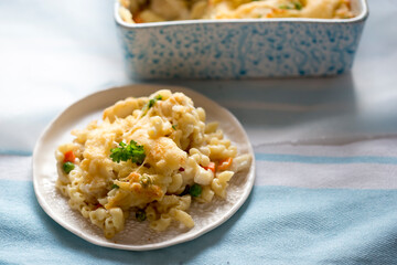 Fish pie mac ’n’ cheese with cod, carrot & peas
