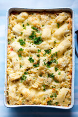 Fish pie mac ’n’ cheese with cod, carrot & peas