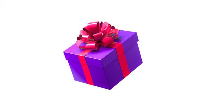 3D rendering, Close up mock up of closed purple gift box with pink ribbon, side view shot, Christmas or New year greeting card decoration concept, isolated on white background.