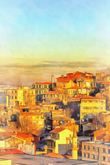 Beautiful vintage houses cityscape colorful painting looks like picture