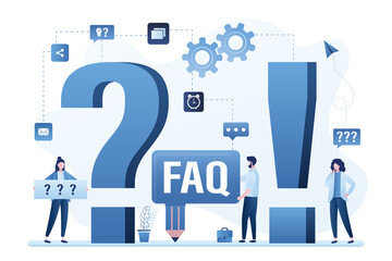 Big question and exclamation marks. Business women have many questions and need help. Male manager writes faq and give answers