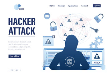 Hacker attack landing page template. Internet piracy technologies, cybercrime concept. Hacker sits in front of monitors. © naum