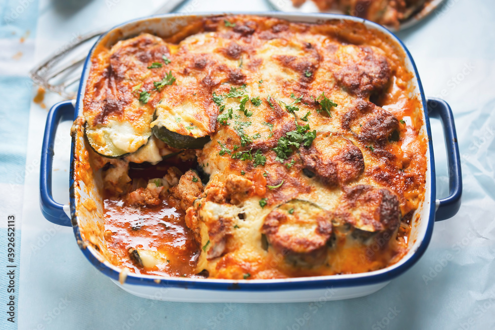 Wall mural Moussaka with pork and courgettes