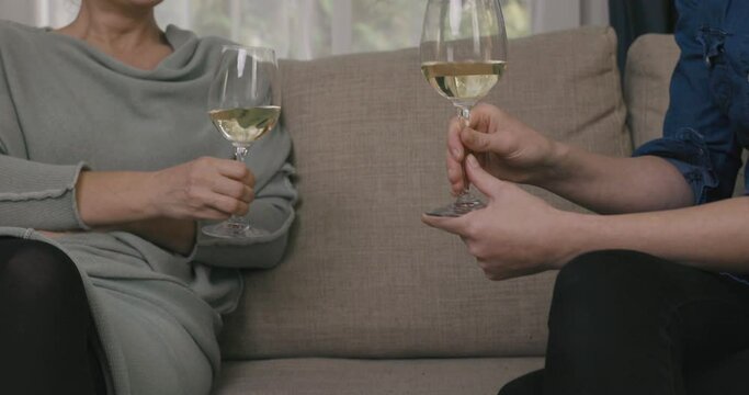 Two women holding wine glasses in hands and celebrating. Communication and friendship concept