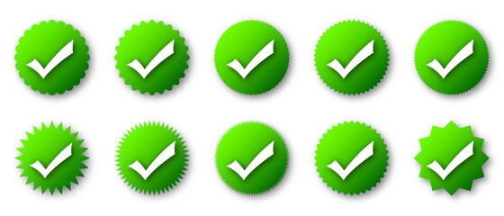 Set of check marks. Green check icons with shadow. Vector illustration.
