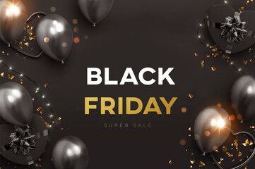     Black friday sale inscription gold and Black ballons and background design template. creative background. High Resolution.