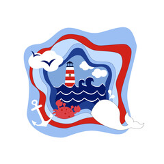 Cute greeting card with lighthouse, waves, birds, anchor, whale and clouds in paper art style, origami and travel concept, vector illustration