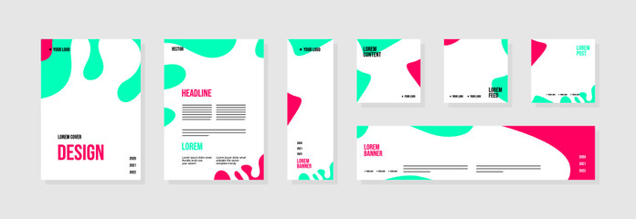 Set of abstract template layouts with creative shapes, suitable for business project events, flyers/leaflet, banner ads, brochure covers, identity, and social media posts. Vector backgrounds.