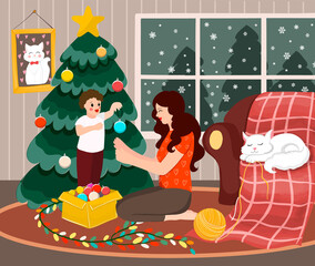 Obraz na płótnie Canvas happy new year card, mom and her child decorate christmas tree. vector illustration