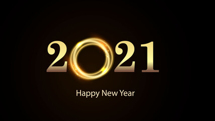 Golden numbers 2021 with bright flash on black background. Happy New Year Vector