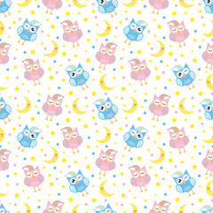 Good Night seamless pattern with cute sleeping owls, moon, stars and clouds. Sweet dreams background. Vector illustration