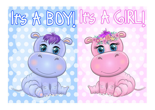 Two Cute cartoon hippo with beautiful eyes among flowers, hearts, a boy and a girl. baby shower invitation card.