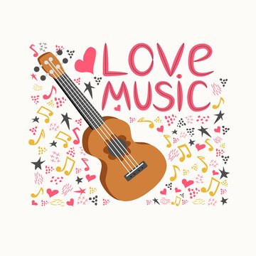 Cartoon ukulele with lettering text for summer, music poster template design.