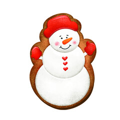 Snowman. Christmas gingerbread in the shape of a Snowman. Holiday pastries.Bright and colorful illustration.