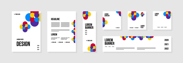 Set of abstract template layouts with creative shapes, suitable for business project events, flyers/leaflet, banner ads, brochure covers, identity, and social media posts. Vector backgrounds.