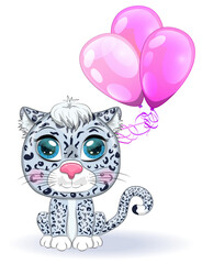 Cartoon snow leopard with expressive eyes. Wild animals, character, childish cute style.