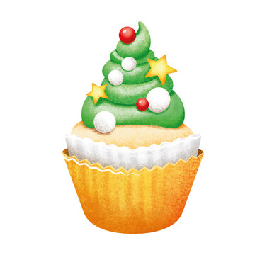 Christmas cupcakes. Christmas cupcakes with Christmas decorations. Holiday pastries.Bright and colorful illustration. Muffins with berries and stars.
