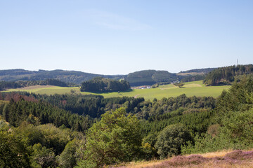 Naklejka premium View of villages and heather, woods and grass landscapes in the surroundings of Arft, a municipality in district of Mayen-Koblenz in Rhineland-Palatinate, Germany.