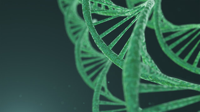 3D rendering of DNA molecule on light green background.