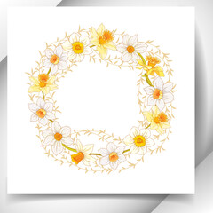 A wreath of decorative flowers of a daffodil. Registration of invitations, cards, banners.
