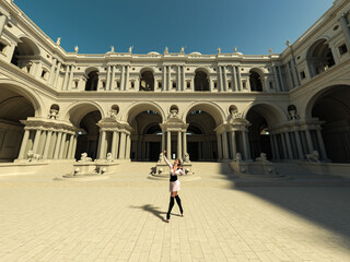 Obraz premium Ballet dancer. Picture with a ballet dancer on a temple courtyard, perspective 01. 3d illustration, 3d rendering, 3d art.