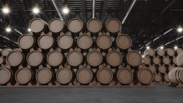 Barrels of wine, whiskey, bourbon liqueur or cognac in the basement. Aging of alcohol in oak barrels in warehouse. Wine, beer, whiskey casks stacked in a cellar. Loopable seamless 4K 3D animation