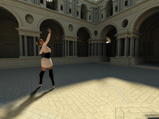 Ballet dancer. Picture with a ballet dancer on a temple courtyard, perspective 01. 3d illustration, 3d rendering, 3d art.