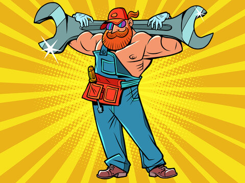 Muscular plumber with a monkey wrench