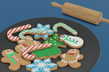 3d render christmas cookies and gingerbread for christmas celebration concept.