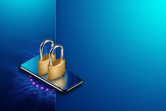 Image of two locks on the background of a smartphone. Protection of information when using a mobile phone. Double authentication, privacy protection. Personal data protection law.