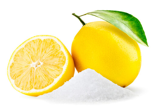 Heap citric acid and whole lemon and half on a white background. Isolated