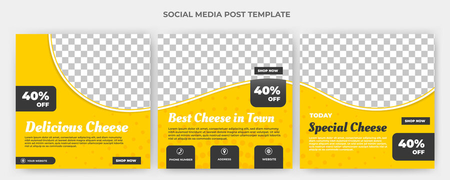 Set of editable square puzzle banner template. Social media food template with orange dotted and yellow background. Perfect for social media feed and web internet ads. Flat vector with photo collage