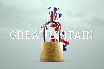 Golden padlock with great briton map and great briton national flag background. Isolation concept,...