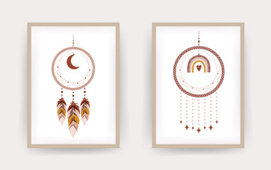 Dream catcher with boho rainbow and moon. Hand drawn indian talisman. Ethnic bohemian design element. Vector hipster illustration isolated on white background. Flat style.
