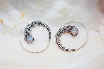 Silver metal spiral boho earrings with moon stone - 392658500