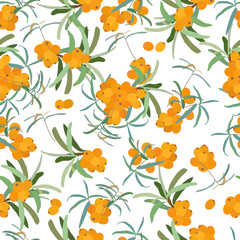 Sea buckthorn berries and leaves seamless pattern. Vector illustration in a flat style.
