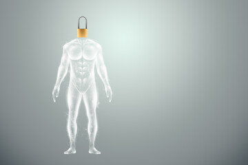 A barn lock instead of a human head. Concept of protection of personal data, hiding identity. 3D illustration, 3D render.
