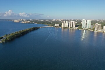 Aerial view of Rickenbacker Causeway and bridge between Miami and Key Biscayne, Florida on sunny...