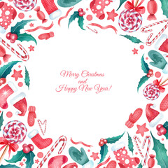 Fototapeta na wymiar Christmas watercolor square frame for your design. Cute festive frame with many hand drawn watercolor elements on white background. Red and green colours. Meery Xmas and Happy New Year.