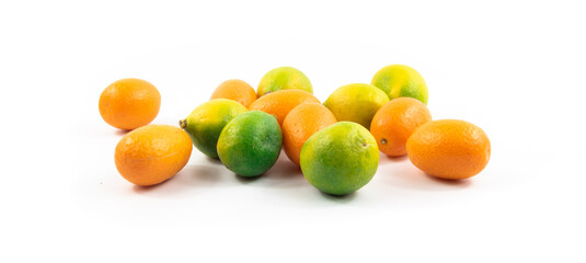 Small citrus fruits limequat and kumquat fortunella scattering on white isolated background banner