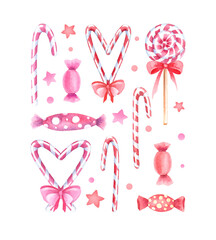 Lovely hand drawn watercolor candiys. Pink  and red lollipops on white background isolated. Cute festive bonbons for your Christmas design. Merry Christmas and happy New Year!