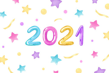 New Year 2021 card. Nice watercolor hand drawn gold numbers of new 2021 year. Festive postcard. Happy New Year!