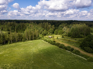 countryside aerial landscape with roads and green fields in summer