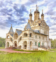 Fototapeta na wymiar Beautiful russian ancient cathedral colorful painting looks like picture