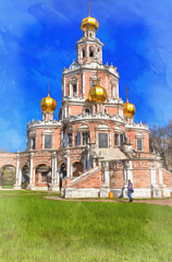 Fototapeta na wymiar Beautiful russian ancient cathedral colorful painting looks like picture