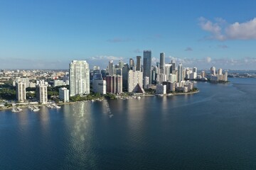 Aerial view of City of Miami skyline on sunny autumn morning.