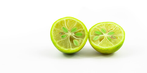 Limequat cutaway macro photo banner on white isolated background